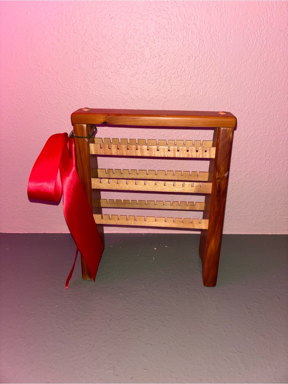 Wooden Earring and Jewelry Organizer Rack - Red Ribbon Accent